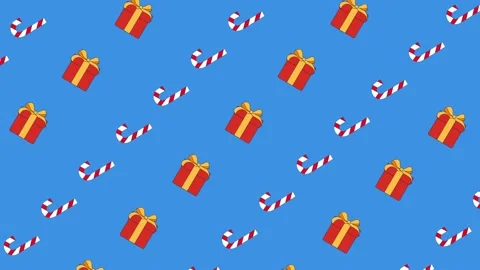 Vector Christmas gift boxes and candy canes fly diagonally on a blue background Stock Footage 144266907
