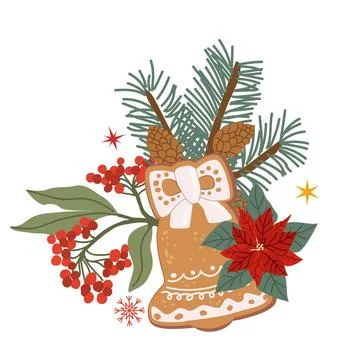 Vector christmas gingerbread bell cookie and winter plants cotoneaster Stock Illustration