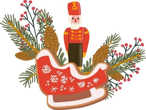 Vector christmas gingerbread cookie and xmas toys, spruce branches, winter .. Stock Illustration
