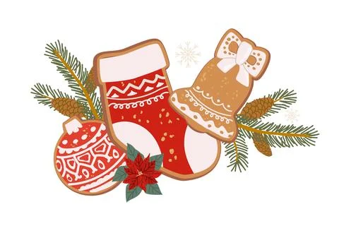 Vector christmas gingerbread cookies set. Bell, sock and bauble composition Stock Illustration