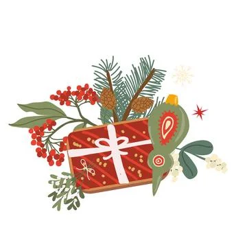 Vector christmas gingerbread gift cookie and winter plants, xmas bauble Stock Illustration