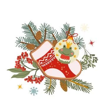 Vector christmas gingerbread sock cookie and pine, fir branches, bauble with Stock Illustration