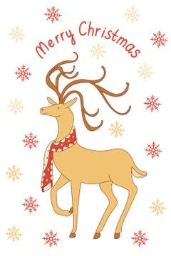 Vector Christmas greeting card with a magic deer and snowflakes. Stock Illustration