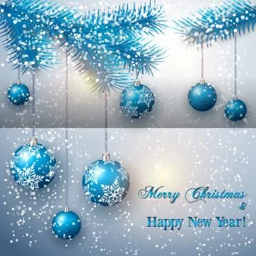 Vector christmas greeting card with tree branch and balls on snow background Illustrazione stock