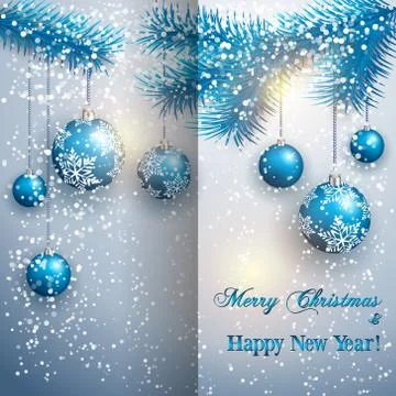 Vector christmas greeting card with tree branch and balls on snow background Stock Illustration