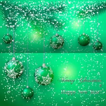Vector christmas greeting card with tree branch and balls on snow background Stock Illustration