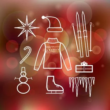 Vector christmas icon set on red blurred background Stock Illustration