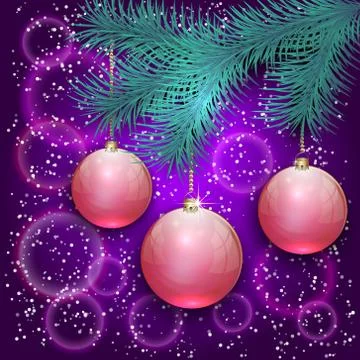 Vector christmas illustration with blue tree branch and balls on bokeh Stock Illustration