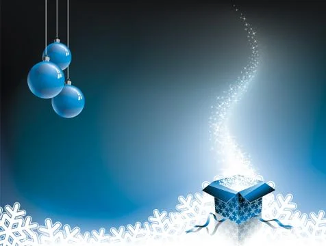 Vector Christmas illustration with gift box on blue background 스톡 일러스트