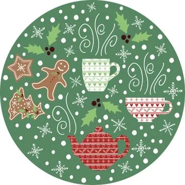 Vector Christmas illustration with hand drawn teapots, tea cups, snowflakes and Stock Illustration