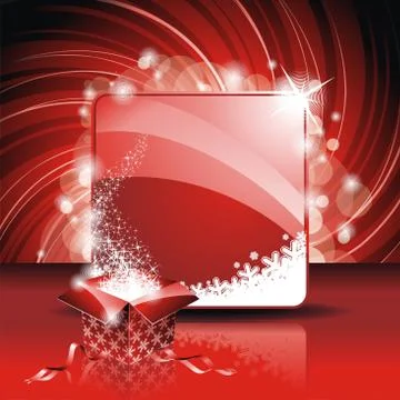 Vector Christmas illustration with magic gift box on red background Illustrazione stock