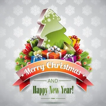 Vector Christmas illustration with magic tree and holiday elements Stock Illustration