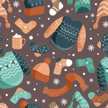 Vector Christmas illustration patterns of winter warm clothes. Hats, socks, u Stock Illustration