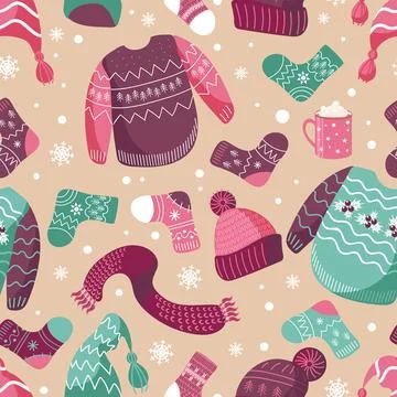 Vector Christmas illustration patterns of winter warm clothes. Hats, socks, u Stock Illustration