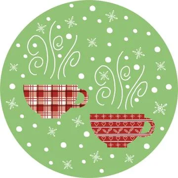 Vector Christmas illustration with tea cups and hand drawn snowflakes. Stock Illustration