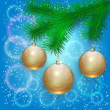 Vector christmas illustration with tree branch and balls on bokeh background Stock Illustration