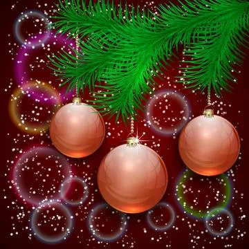 Vector christmas illustration with tree branch and balls on bokeh background Stock Illustration