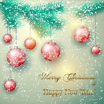 Vector christmas illustration with tree branch and balls on snow background Stock Illustration