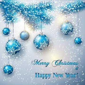 Vector christmas illustration with tree branch and balls on snow background Stock Illustration