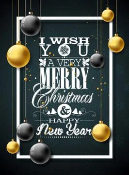 Vector Christmas illustration with typography and gold glass balls on vintage Illustrazione stock