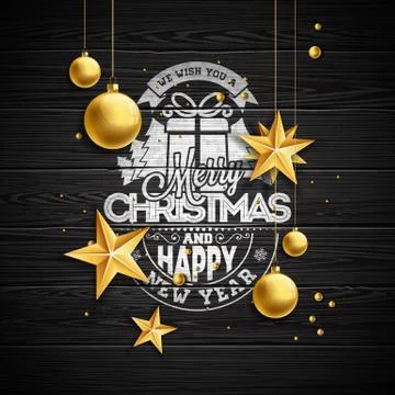 Vector Christmas illustration with typography and gold glass balls on vintage Stock Illustration