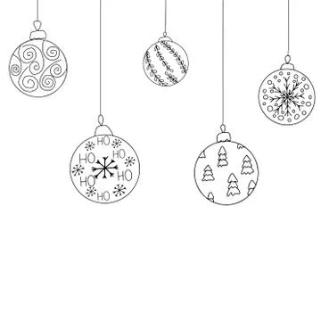 Vector Christmas invitation card from five Christmas ball toys. Hand drawing  Stock Illustration