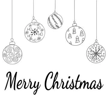 Vector Christmas invitation card from five Christmas ball toys. Hand drawing  Stock Illustration