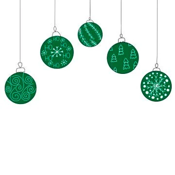Vector Christmas invitation card from five green Christmas ball toys. Hand dr Stock Illustration