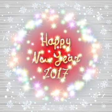 Vector Christmas lights on wood texture background happy new year 2017 Stock Illustration