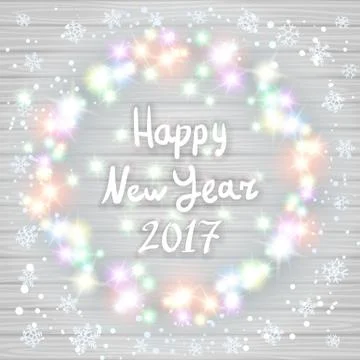 Vector Christmas lights on wood texture background happy new year 2017 Stock Illustration
