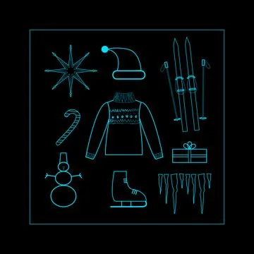 Vector christmas line icon set on black background Stock Illustration