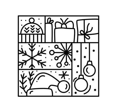 Vector Christmas logo advent composition hat, gift box, toys, garland, fir tree Stock Illustration
