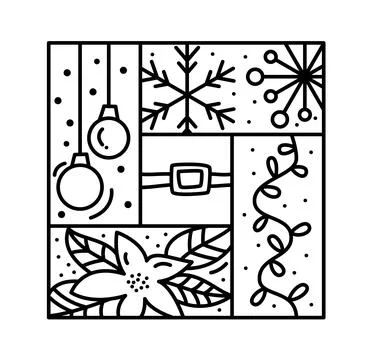 Vector Christmas logo advent composition hat, gift box, toys, garland, fir tree Stock Illustration