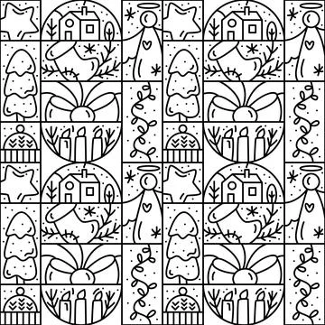Vector Christmas logo advent seamless pattern. snowflake, candles, sock, garland Stock Illustration