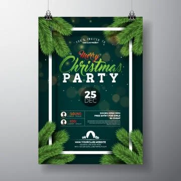 Vector Christmas Party Flyer Design with Holiday Typography Elements and Pine Stock Illustration
