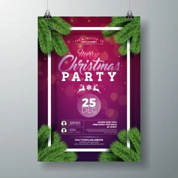 Vector Christmas Party Flyer Design with Holiday Typography Elements and Pine Stock Illustration