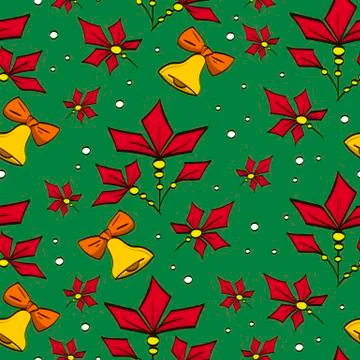 Vector christmas pattern with bells and poinsettias. Used for greeting cards Stock Illustration