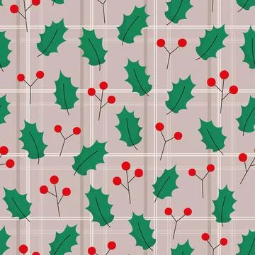 Vector christmas pattern with berries, leafs of holly tree, beige chequered Stock Illustration