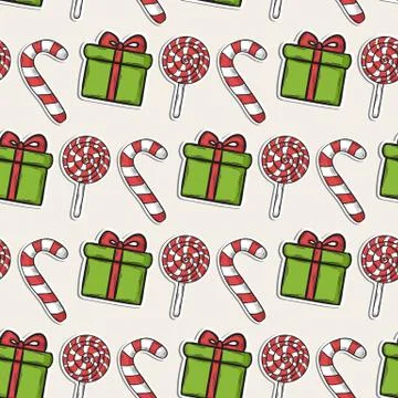 Vector Christmas pattern with candy and green gifts Stock Illustration