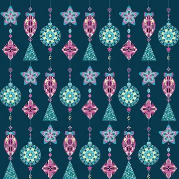 Vector Christmas pattern with Christmas tree toys on a dark background. New y 스톡 일러스트
