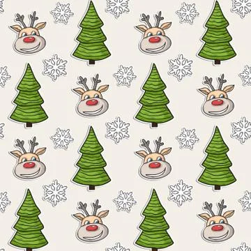 Vector Christmas pattern with deer, tree, snowflakes Stock Illustration