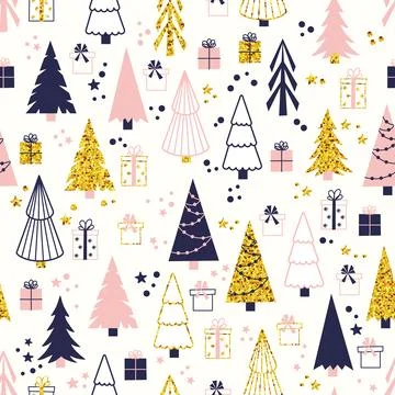 Vector Christmas pattern with fir trees and gifts Stockillustratie
