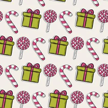Vector Christmas pattern with pink candy and  gifts Stock Illustration