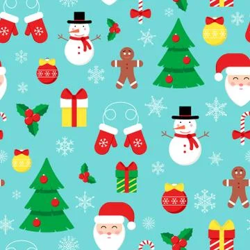 Vector Christmas pattern with Santa Claus and decor elements. Stock Illustration