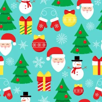 Vector Christmas pattern with Santa Claus, Snowman and decor elements. Stock Illustration