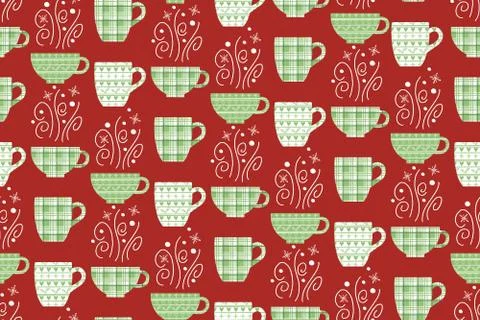 Vector Christmas pattern with teapots and tea cups. Red and green colors. Stock Illustration