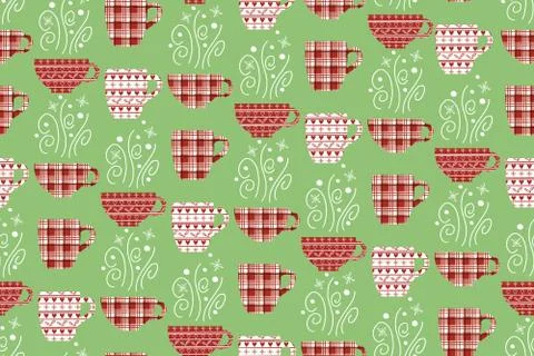 Vector Christmas pattern with teapots and tea cups. Red and green colors. Stock Illustration