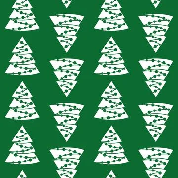 Vector Christmas pattern with white Christmas trees on a green background, fo Stock Illustration