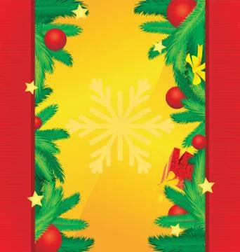 Vector christmas red borders on golden background with xmas tee brunches, bal Stock Illustration