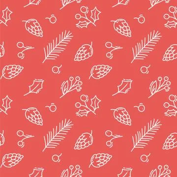 Vector Christmas red Seamless pattern with cones, berries and tree branches. Can Illustrazione stock